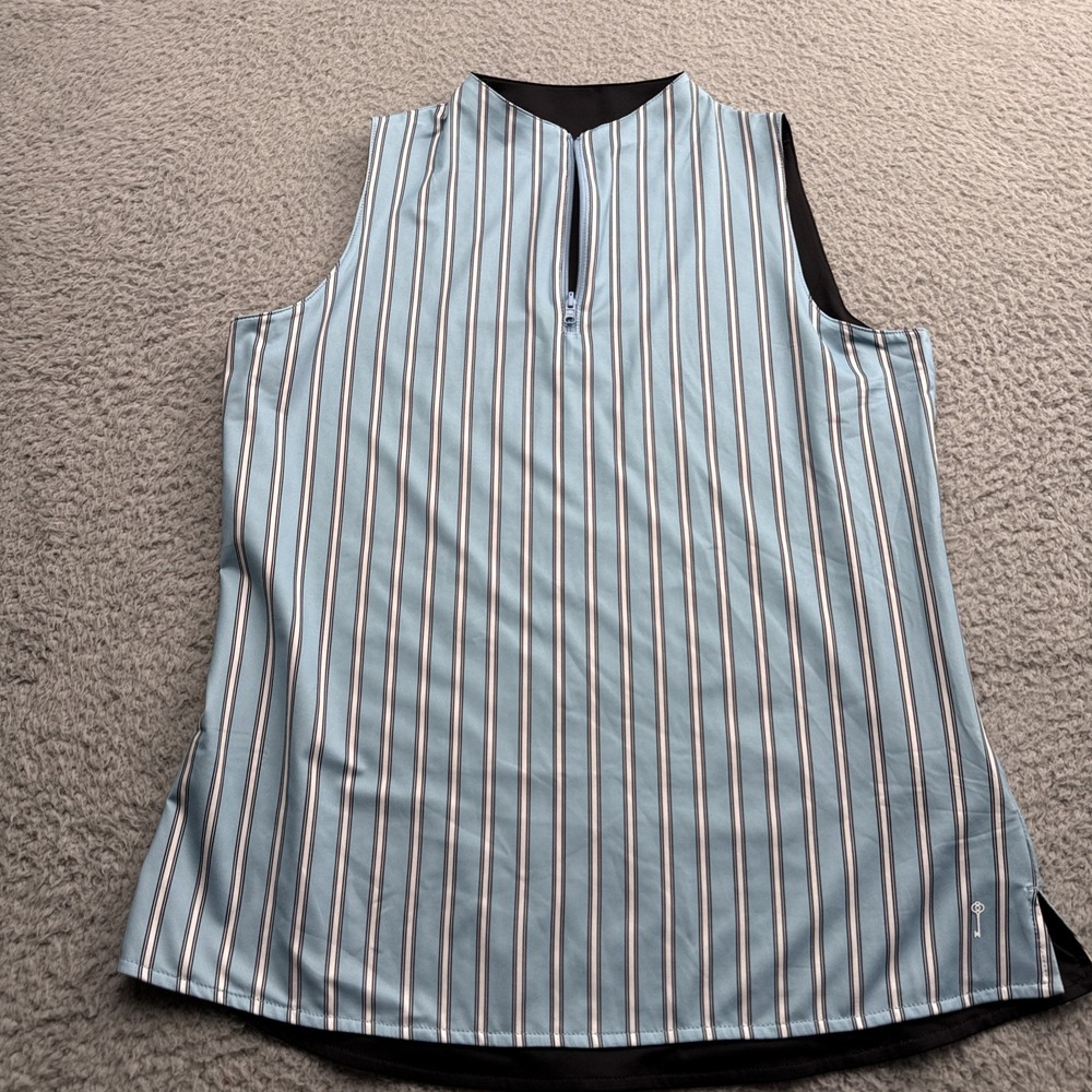 Belyn Key Reversible Polo Shirt Top Golf Womens Medium Black Striped Tennis